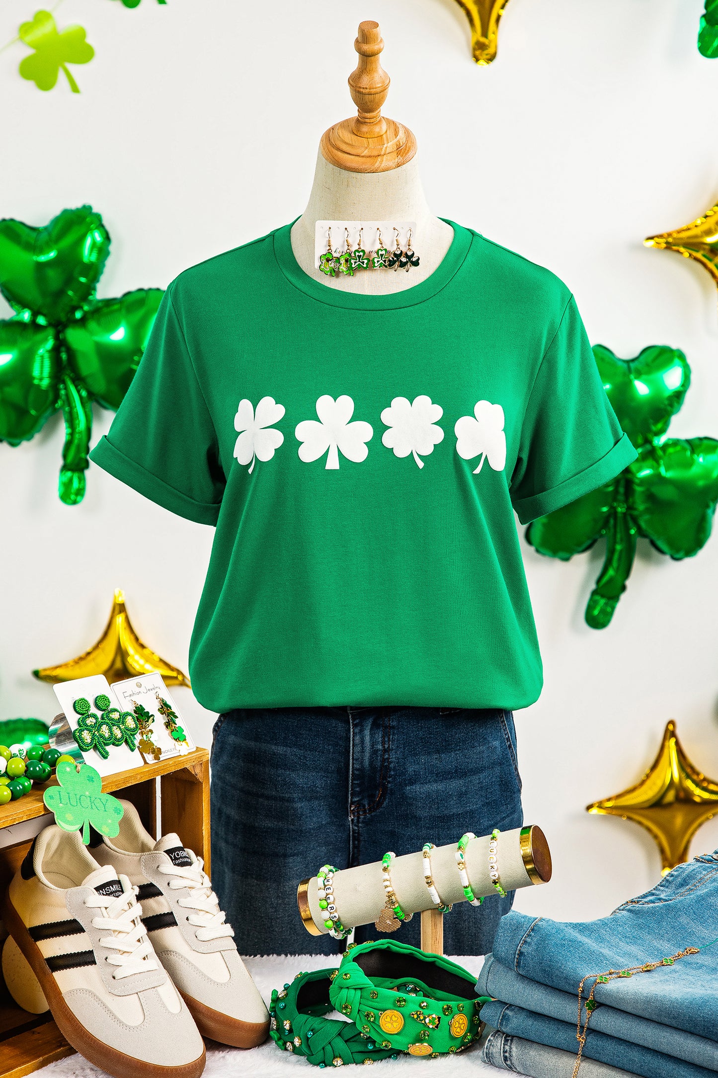 Bright Green St Patricks Day Clover Printed Casual T Shirt-Graphic/Graphic Tees-[Adult]-[Female]-2022 Online Blue Zone Planet