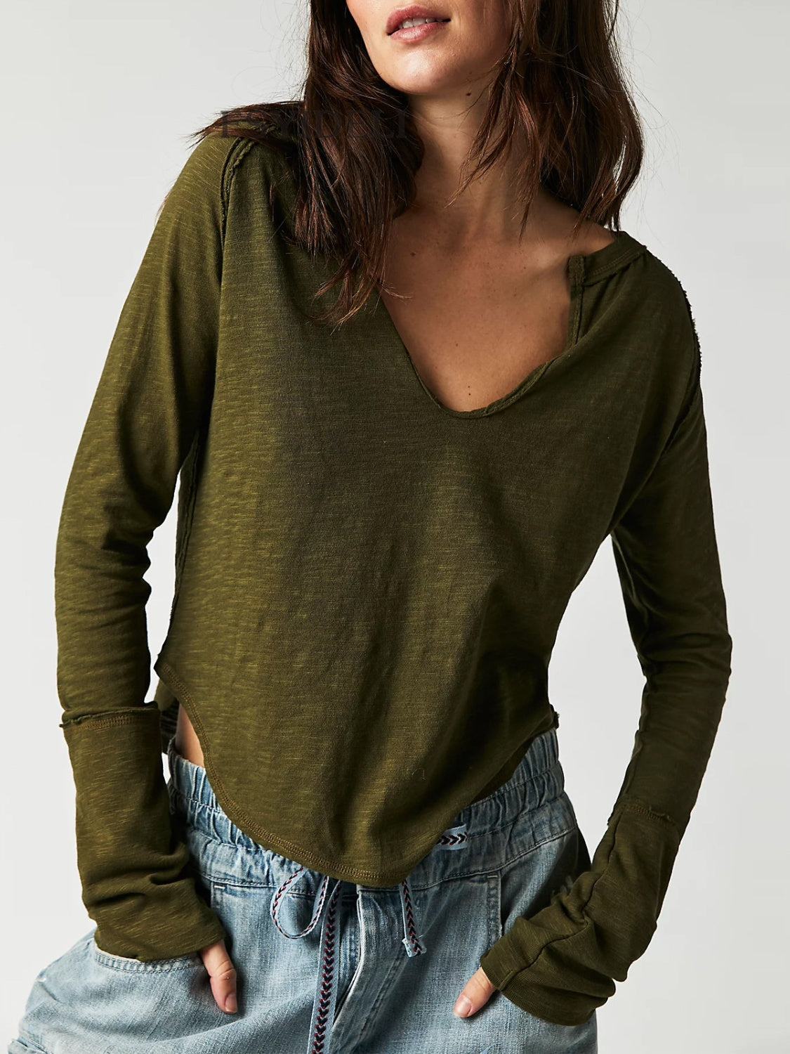 Exposed Seam Notched Long Sleeve T-Shirt-TOPS / DRESSES-[Adult]-[Female]-Army Green-S-2022 Online Blue Zone Planet