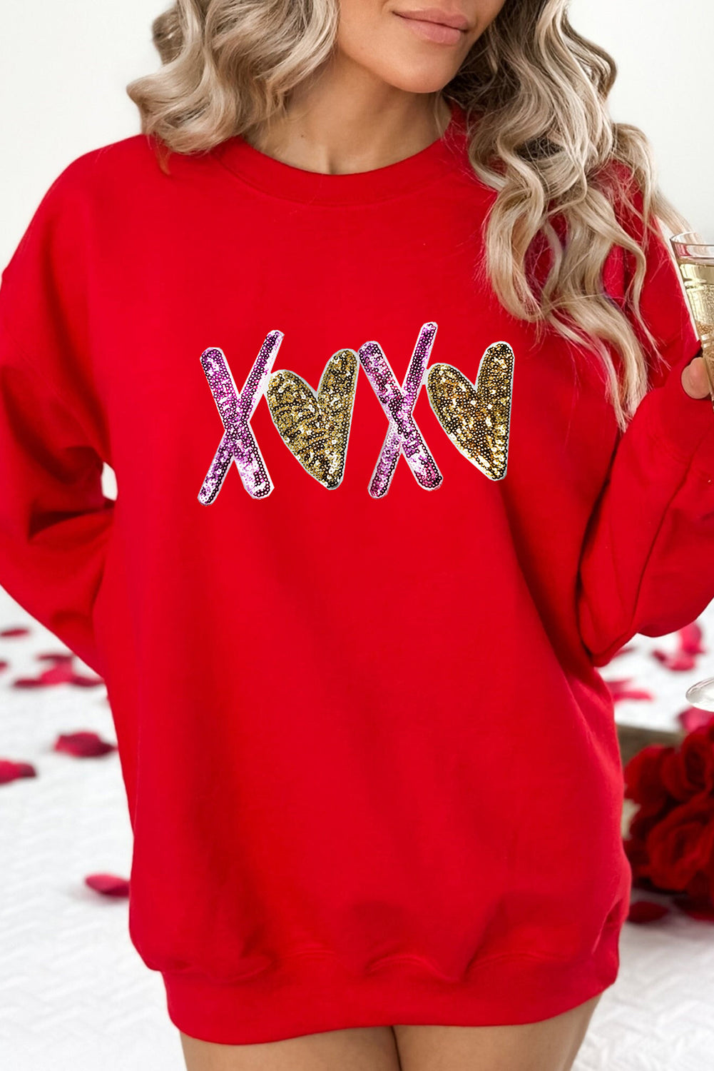 Red Heart XOXO Graphic Crewneck Valentines Pullover Sweatshirt-Graphic Sweatshirts-[Adult]-[Female]-2022 Online Blue Zone Planet