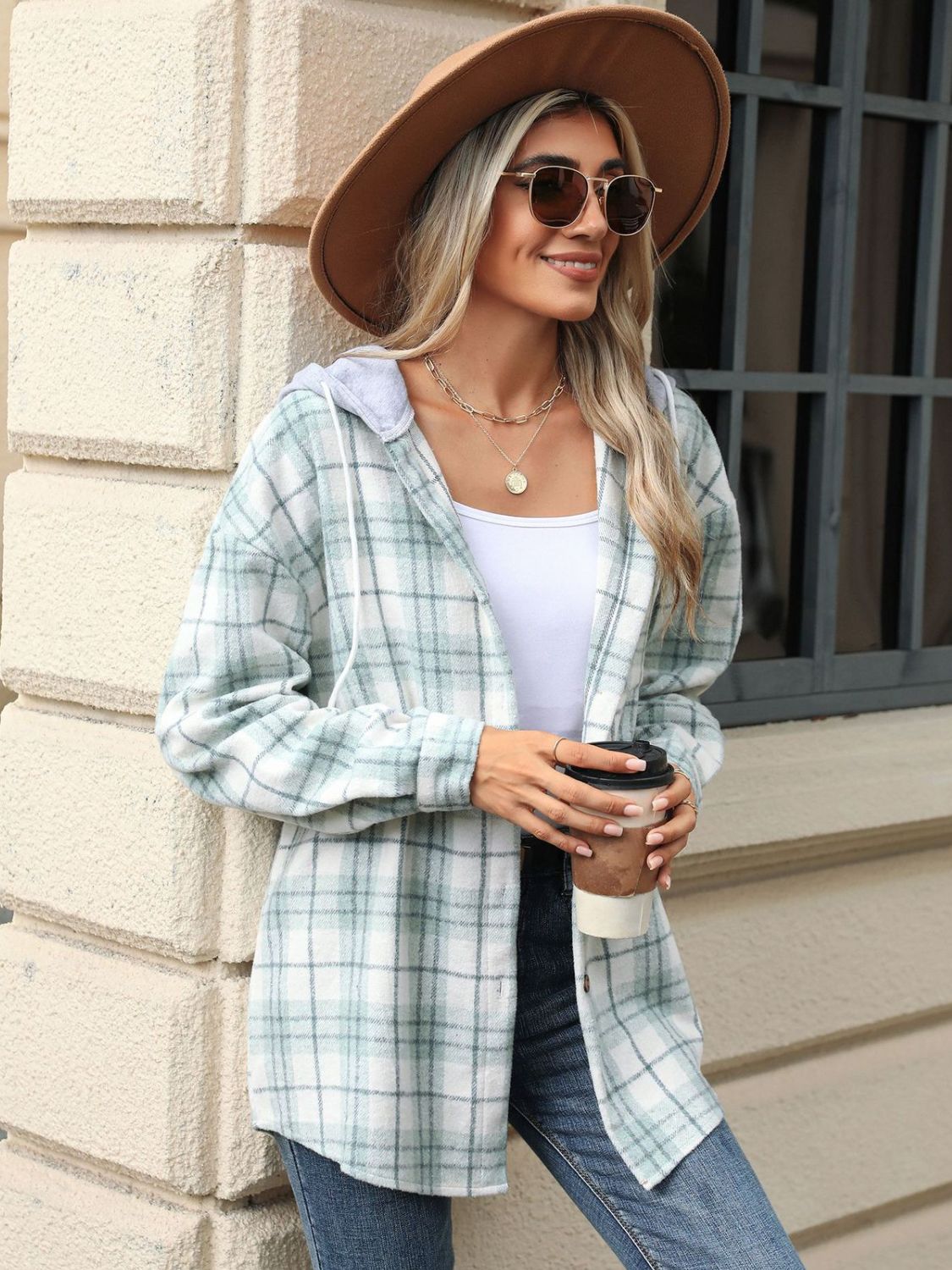 Drawstring Plaid Button Up Hooded Jacket-TOPS / DRESSES-[Adult]-[Female]-2022 Online Blue Zone Planet