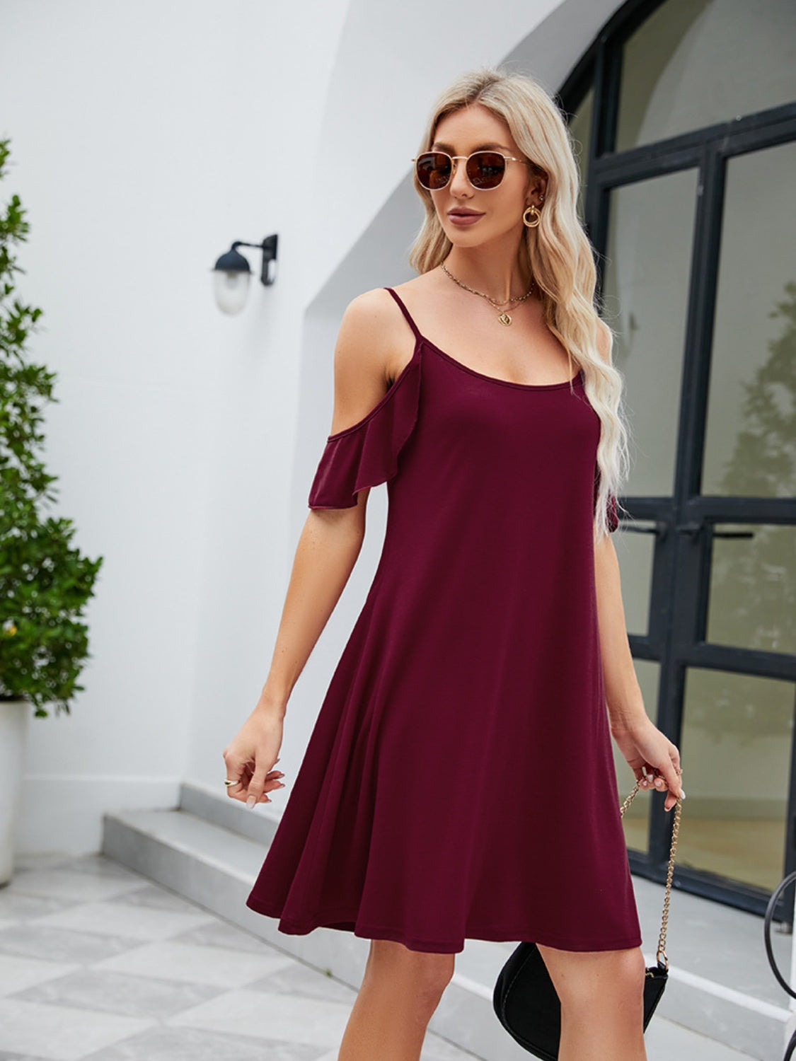 Ruffled Scoop Neck Mini Dress-TOPS / DRESSES-[Adult]-[Female]-Burgundy-S-2022 Online Blue Zone Planet