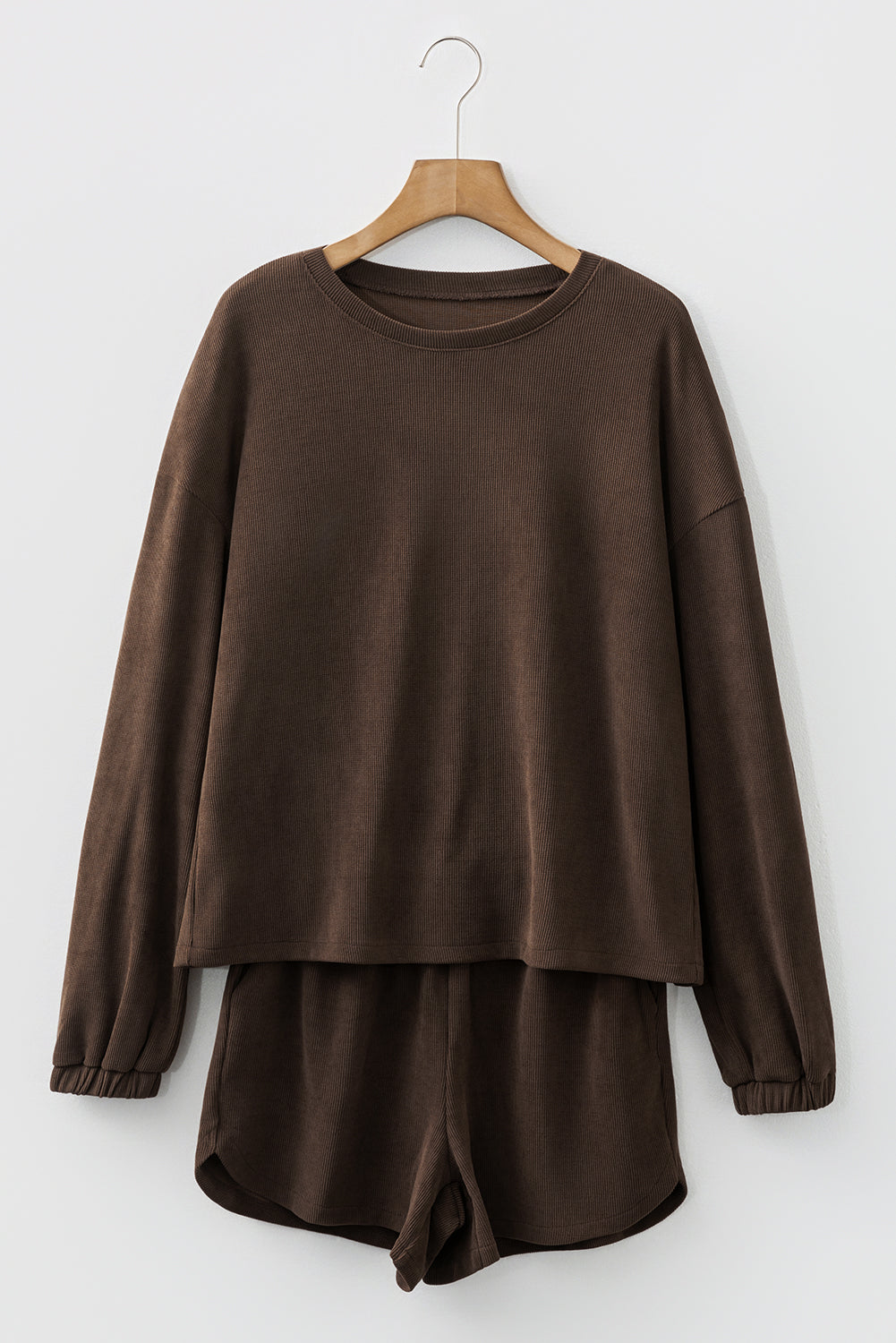 Dark Brown Solid Color Textured Knit Drop Shoulder Pullover Drawstring Shorts Set-Two Piece Sets/Short Sets-[Adult]-[Female]-2022 Online Blue Zone Planet