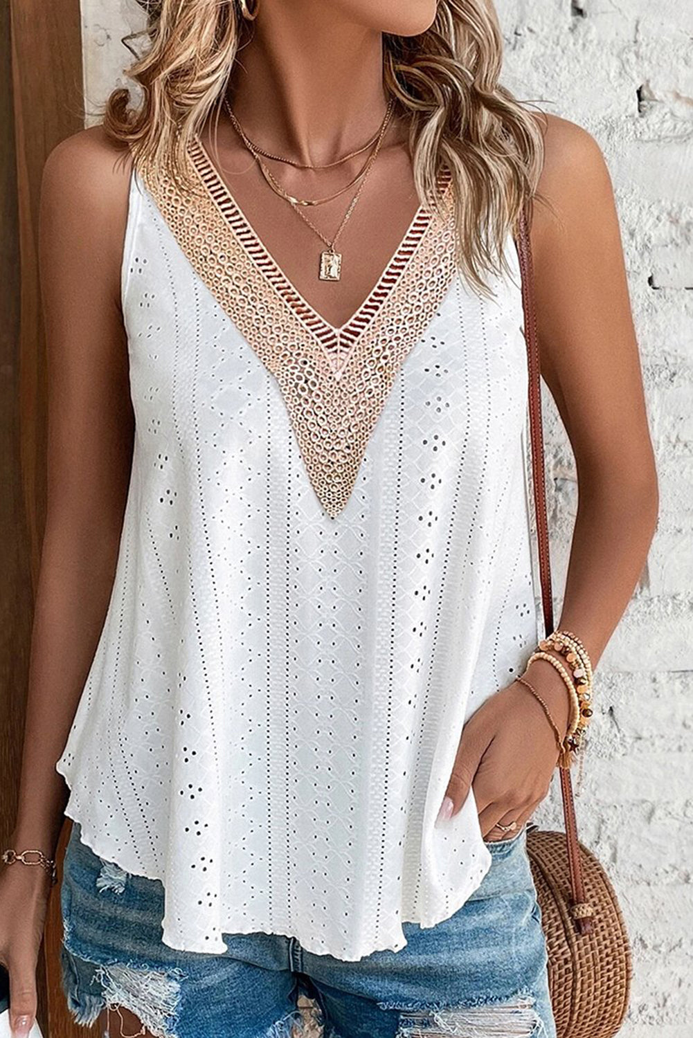Mist Green Lace Crochet Splicing V Neck Loose Fit Tank Top-Tops/Tank Tops-[Adult]-[Female]-White-S-2022 Online Blue Zone Planet