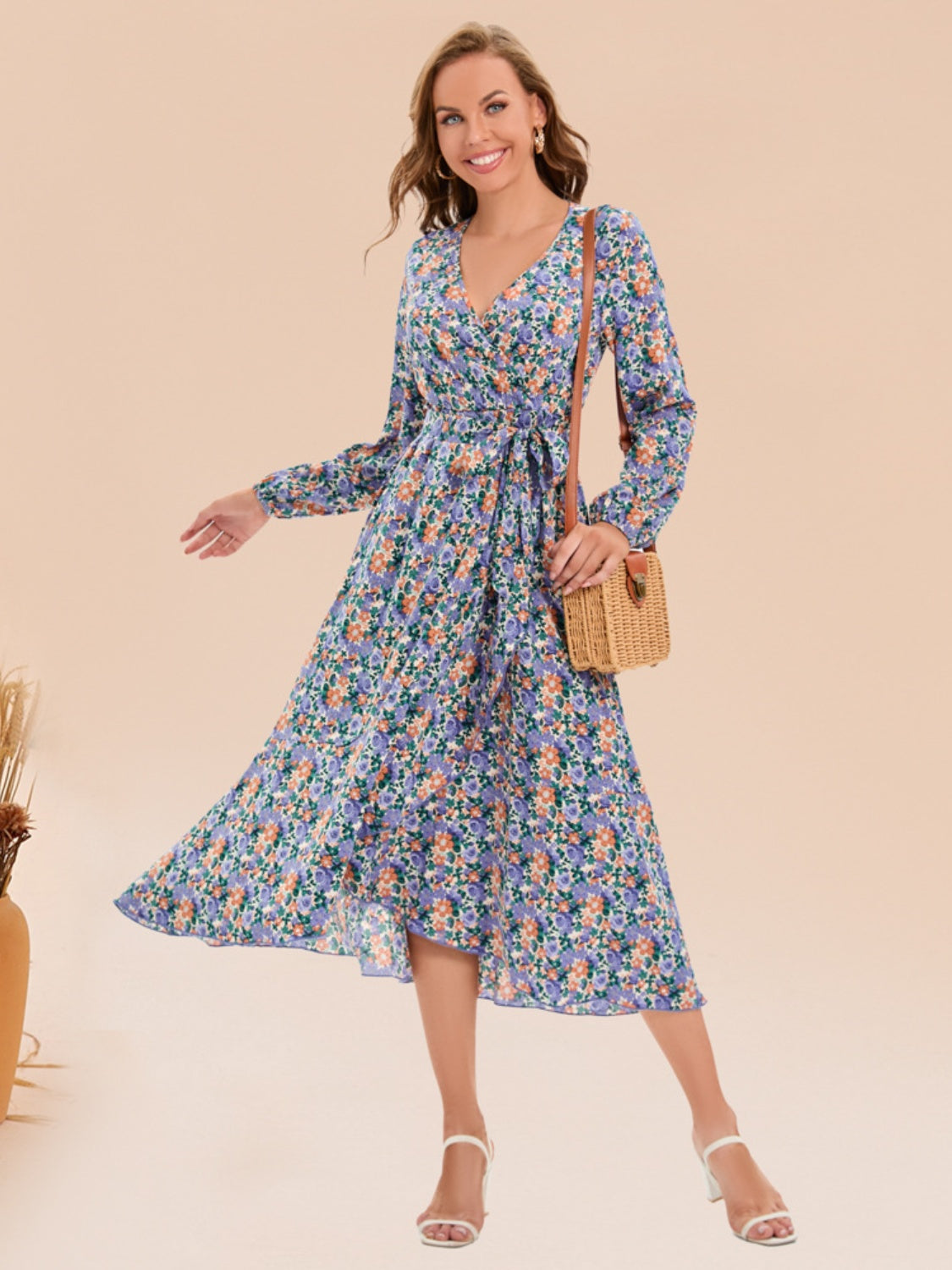 Full Size Printed Surplice Long Sleeve Dress BLUE ZONE PLANET