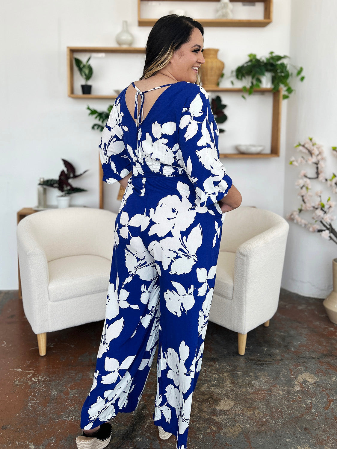 Blue Zone Planet | Double Take Full Size Printed Tie Back Wide Leg Jumpsuit-TOPS / DRESSES-[Adult]-[Female]-2022 Online Blue Zone Planet