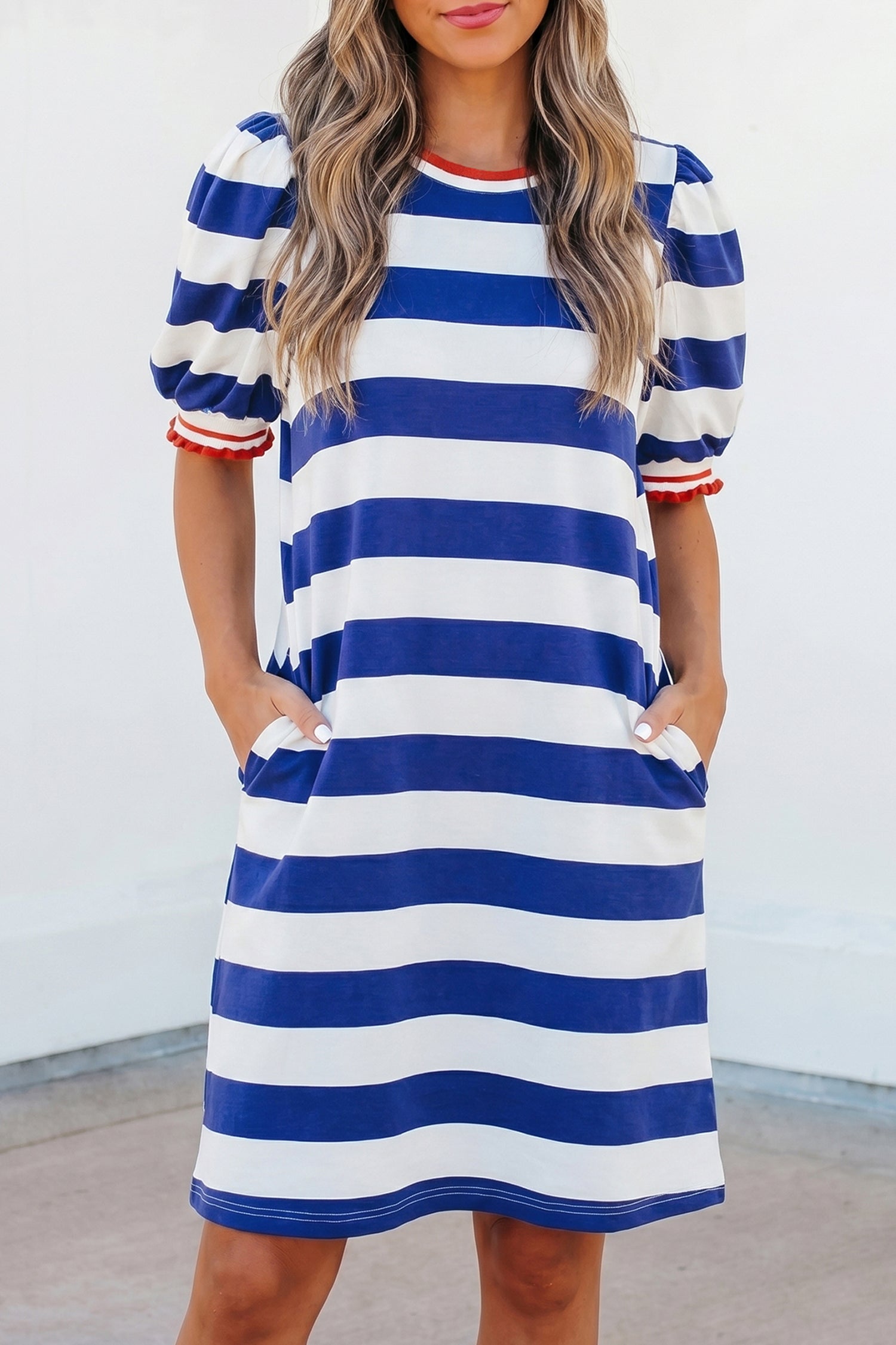 Blue Stripe Contrast Trim Round Neck Short Puff Sleeve Shift Mini Dress-TOPS / DRESSES-[Adult]-[Female]-Blue Stripe-S-2022 Online Blue Zone Planet