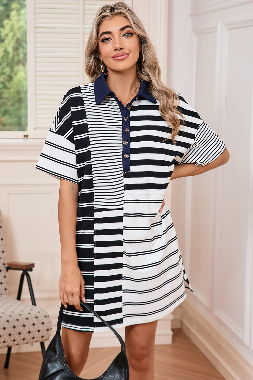 Blue Zone Planet | Black Striped Patchwork Collared Mini Dress-TOPS / DRESSES-[Adult]-[Female]-2022 Online Blue Zone Planet