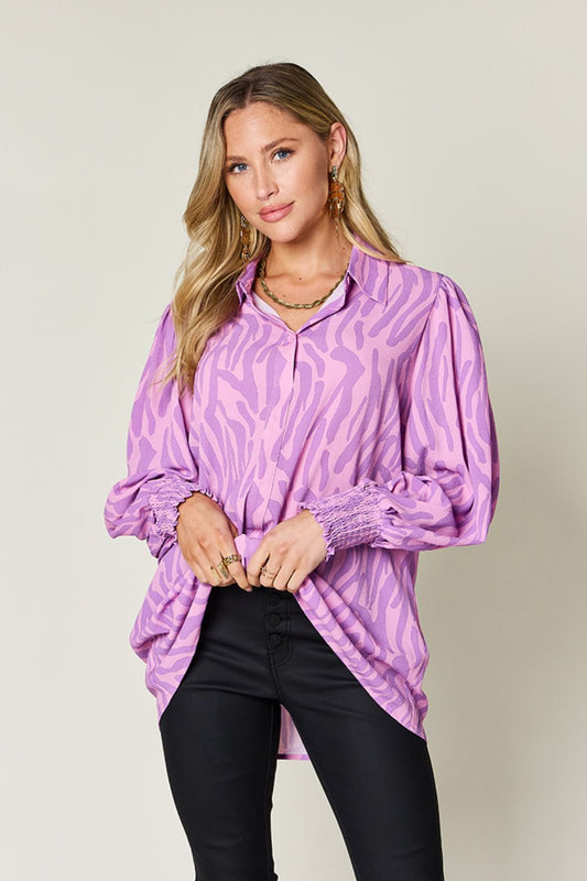 Blue Zone Planet | Double Take Full Size Printed Smocked Long Sleeve Blouse-TOPS / DRESSES-[Adult]-[Female]-Lavender-S-2022 Online Blue Zone Planet