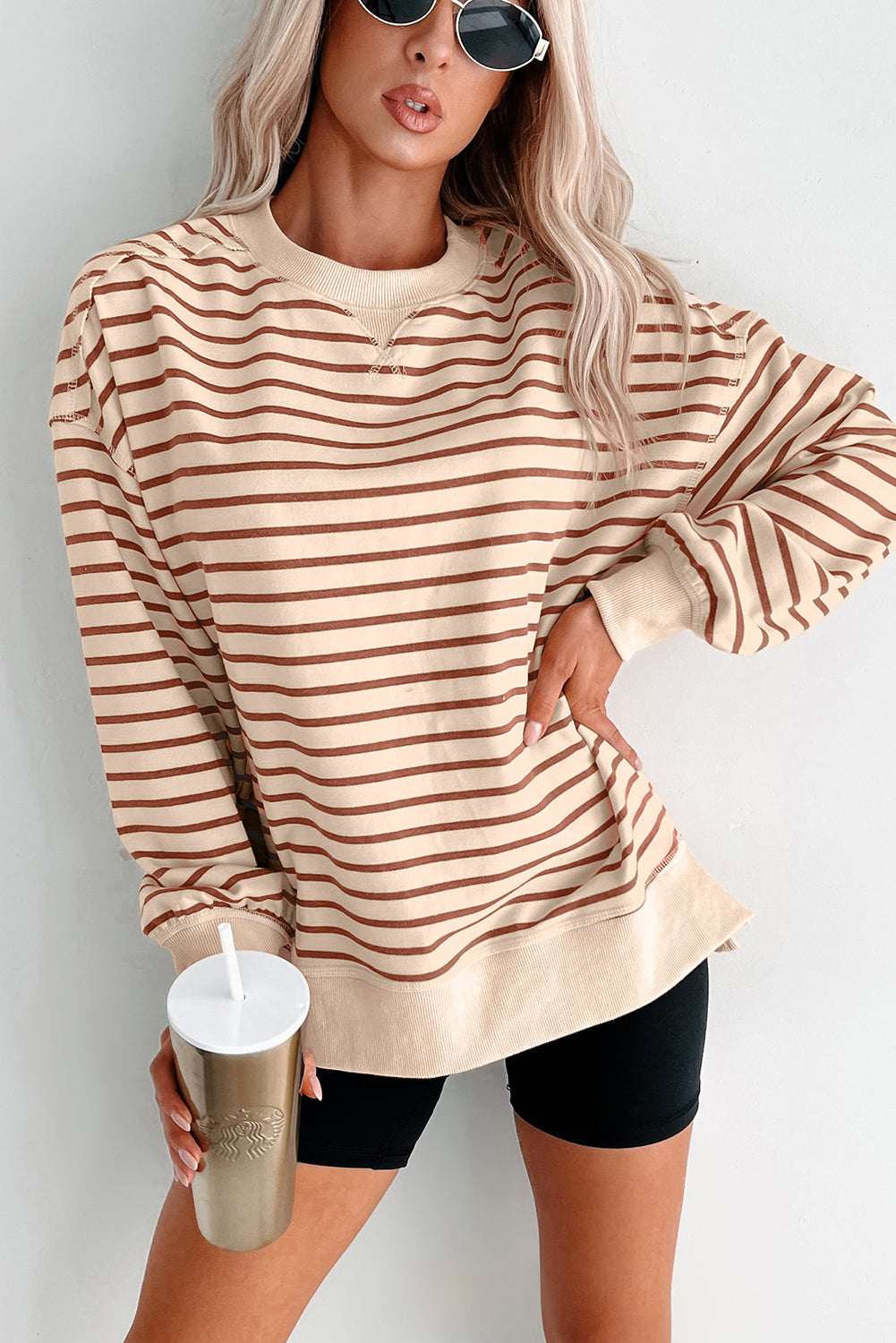 Khaki Stripe Ribbed Band Seam Detail Baggy Sweatshirt-Tops/Sweatshirts & Hoodies-[Adult]-[Female]-2022 Online Blue Zone Planet
