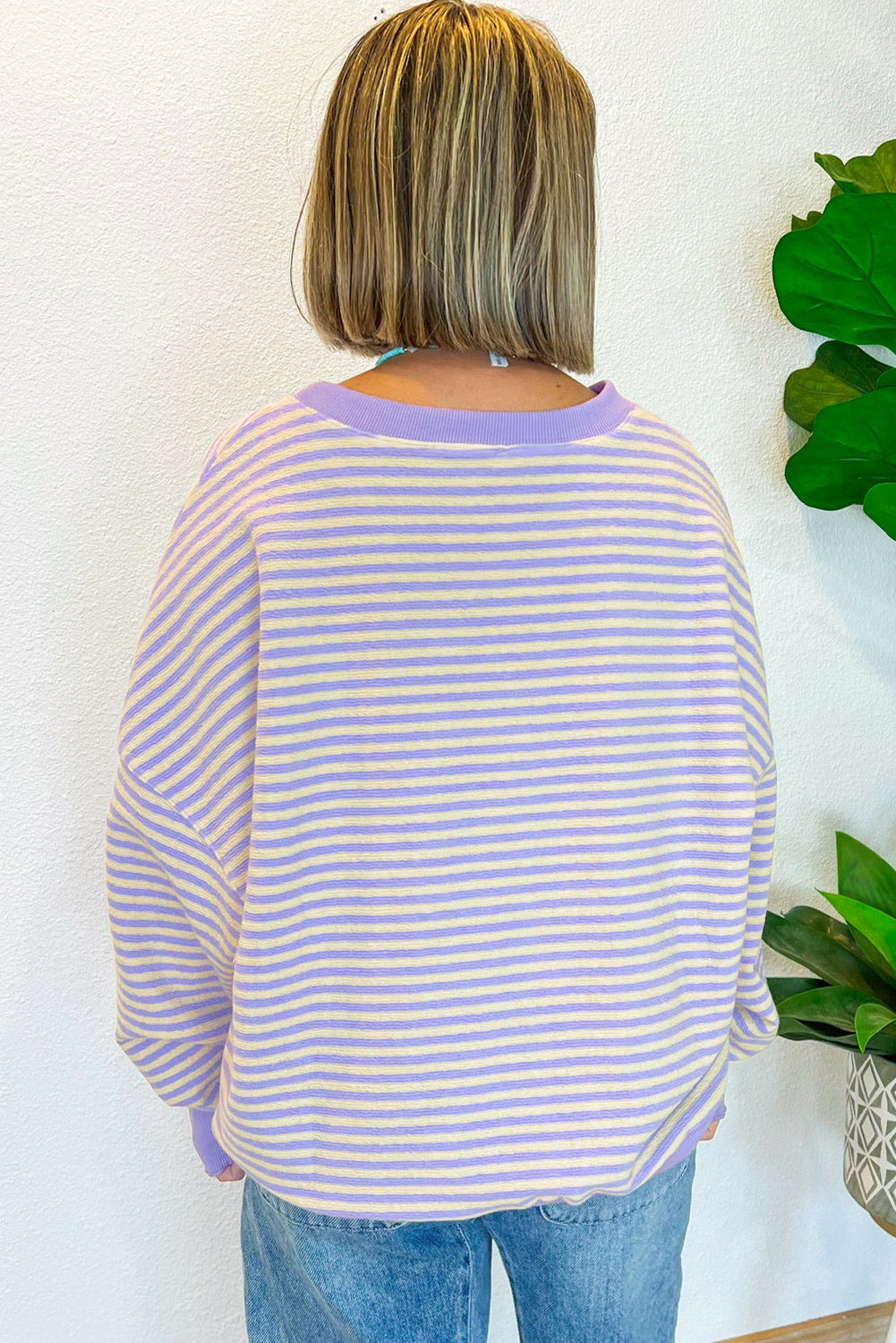 Blue Zone Planet | Green Stripe Drop Shoulder Long Sleeve Top-Long Sleeve Tops-[Adult]-[Female]-2022 Online Blue Zone Planet