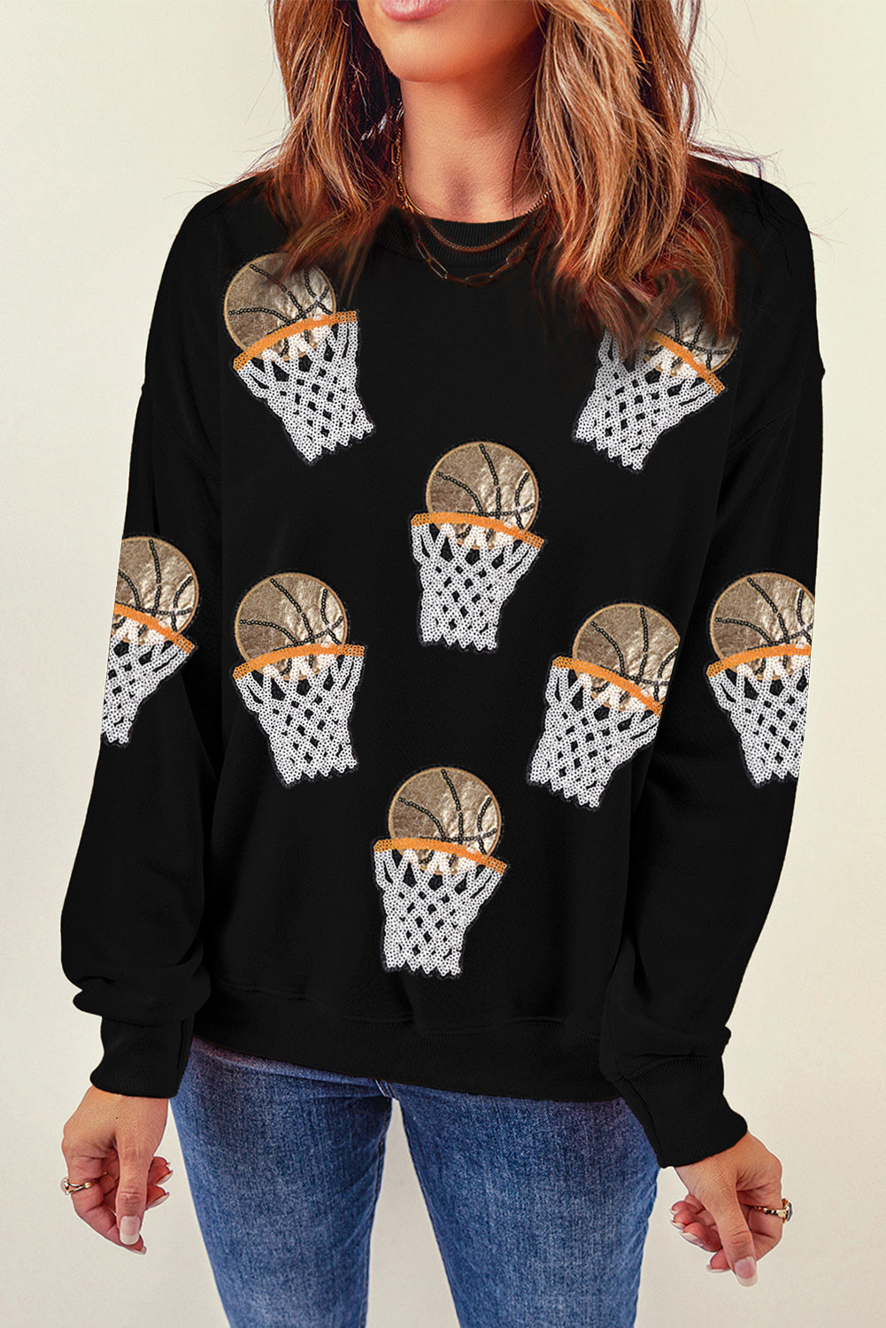 Black Basketball Patched Game Day Crew Neck Graphic Sweatshirt-Graphic/Graphic Sweatshirts-[Adult]-[Female]-2022 Online Blue Zone Planet