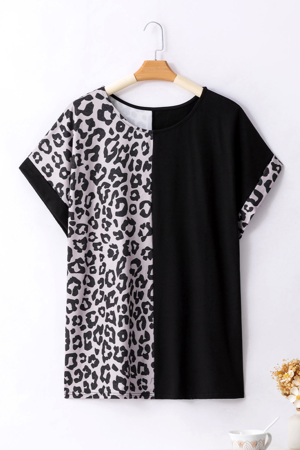 Black Half Leopard Patchwork Plus Size T-Shirt-Plus Size/Plus Size Tops/Plus Size Tops & Tees-[Adult]-[Female]-2022 Online Blue Zone Planet