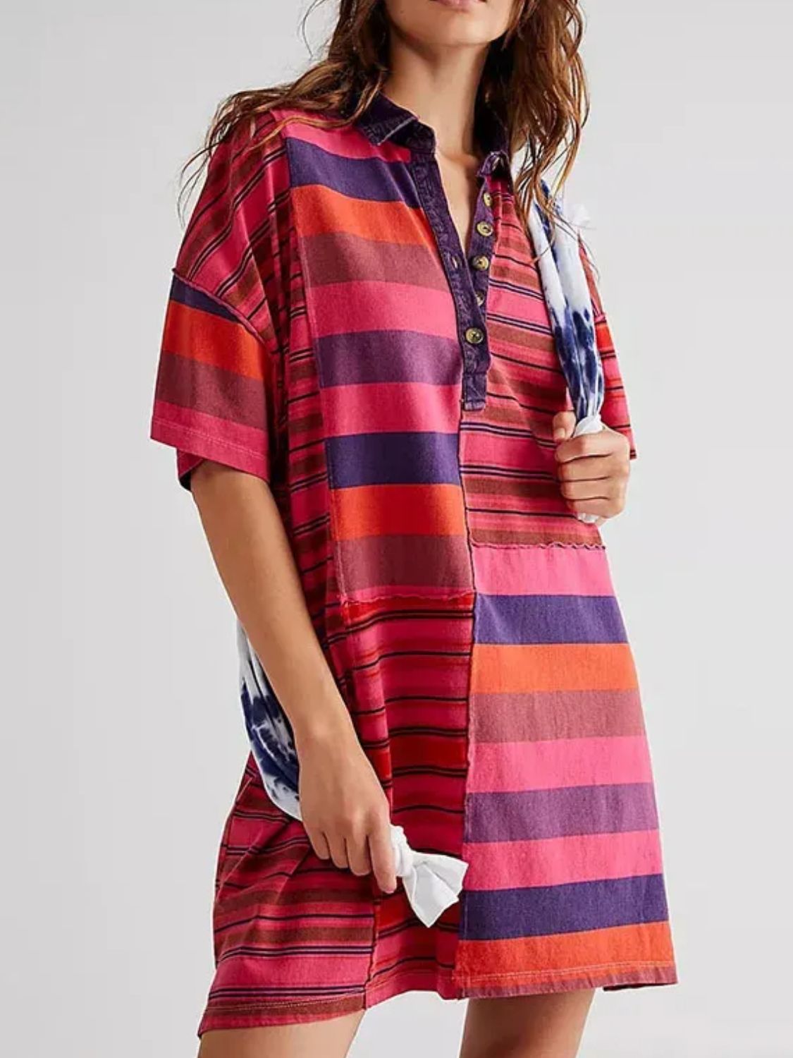 Blue Zone Planet | Exposed Seam Striped Half Sleeve Mini Dress-TOPS / DRESSES-[Adult]-[Female]-Deep Rose-S-2022 Online Blue Zone Planet