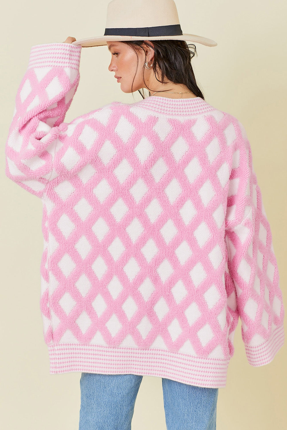 Blue Zone Planet |  Pink Rhombus Pattern Knit Open Front Pocketed Cardigans