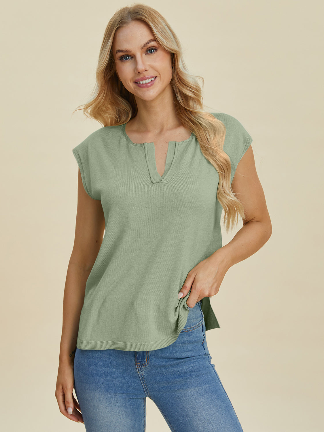 Double Take Full Size Notched Cap Sleeve Knit Top-TOPS / DRESSES-[Adult]-[Female]-2022 Online Blue Zone Planet