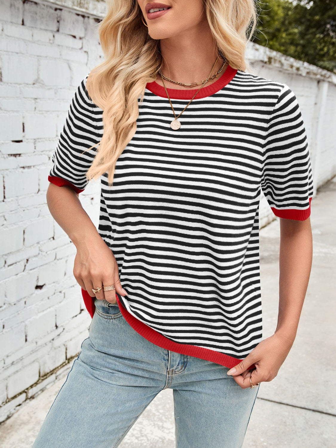 Lovelet Striped Contrast Round Neck Half Sleeve Knit Top-TOPS / DRESSES-[Adult]-[Female]-2022 Online Blue Zone Planet