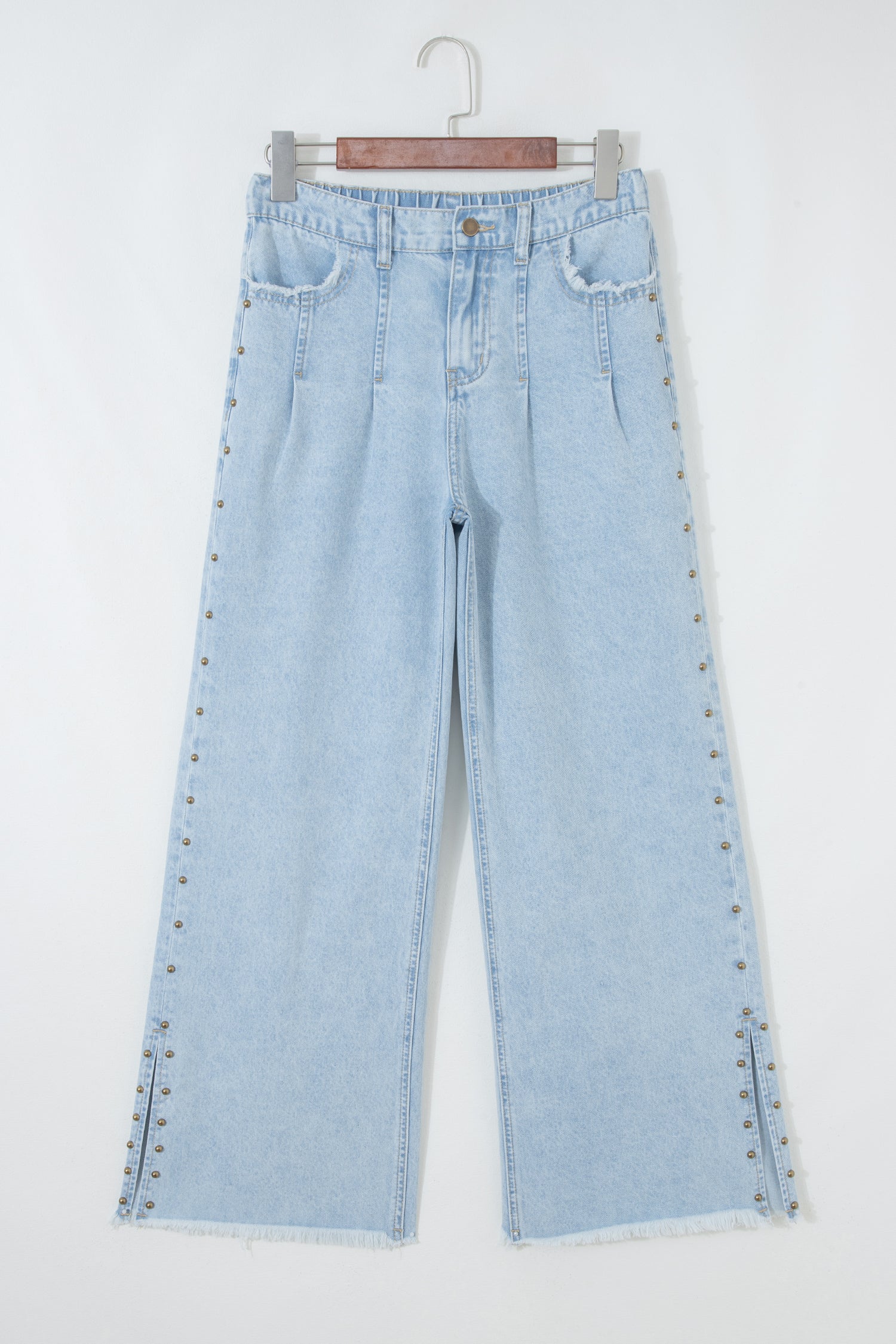 Beau Blue Studded Side Slit Leg Frayed Pocketed Wide Leg Jeans-Bottoms/Jeans-[Adult]-[Female]-2022 Online Blue Zone Planet