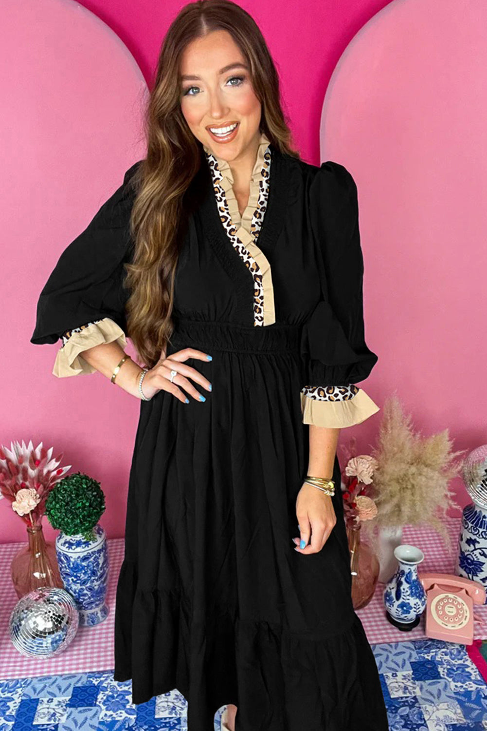 Black Contrast Leopard Frilled Trim V Neck Bracelet Sleeve Midi Dress-Bracelet-[Adult]-[Female]-2022 Online Blue Zone Planet