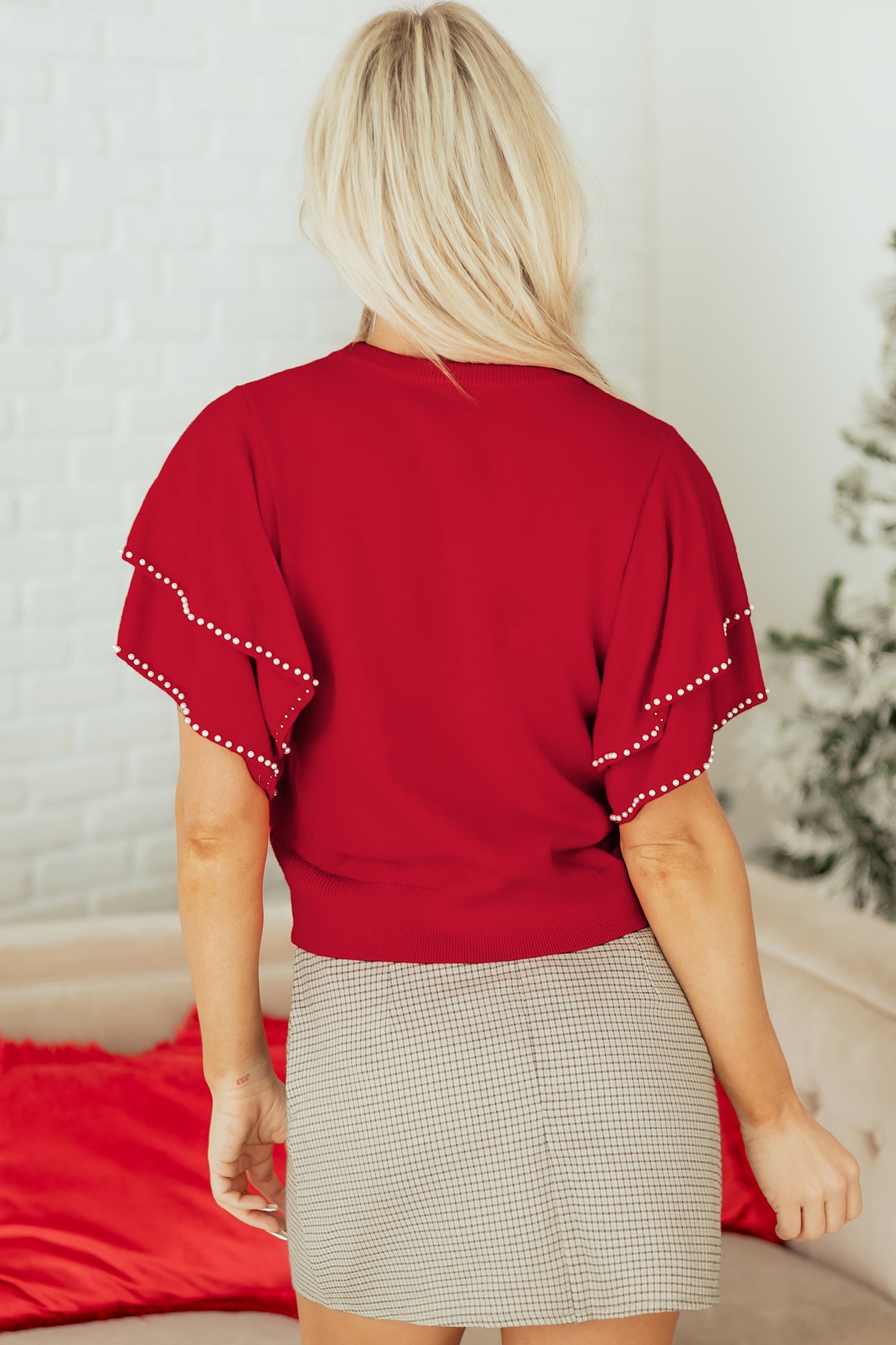 Racing Red Pearl Embellished Double Ruffle Short Sleeve Sweater-TOPS / DRESSES-[Adult]-[Female]-2022 Online Blue Zone Planet