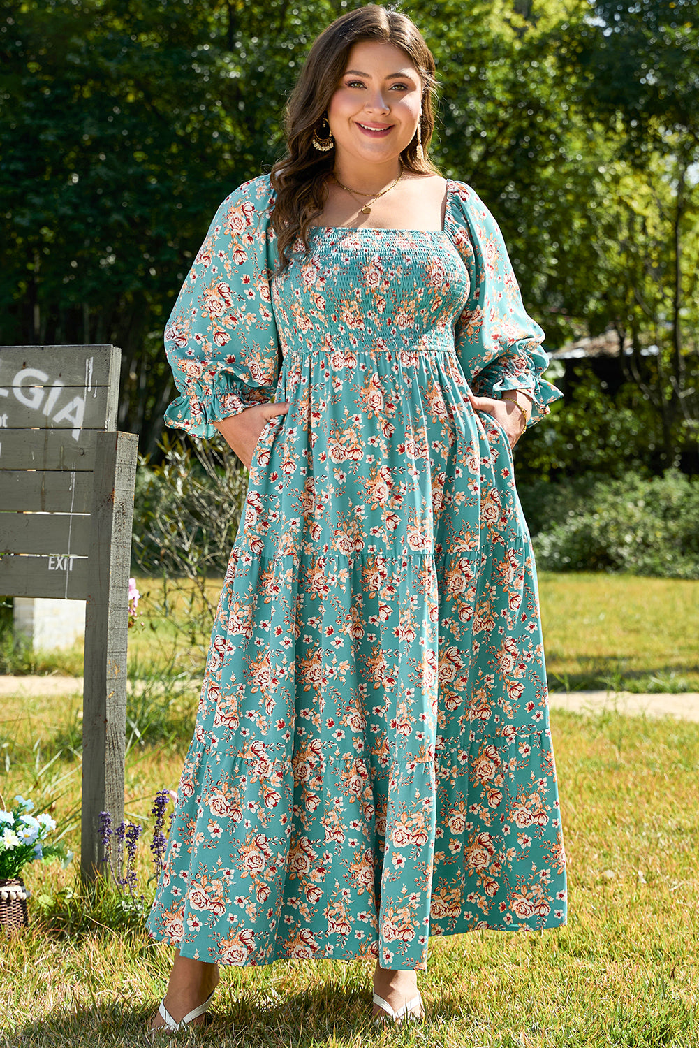 Blue Zone Planet | Green Plus Size Floral Print Square Neck Smocked Maxi Dress-TOPS / DRESSES-[Adult]-[Female]-2022 Online Blue Zone Planet