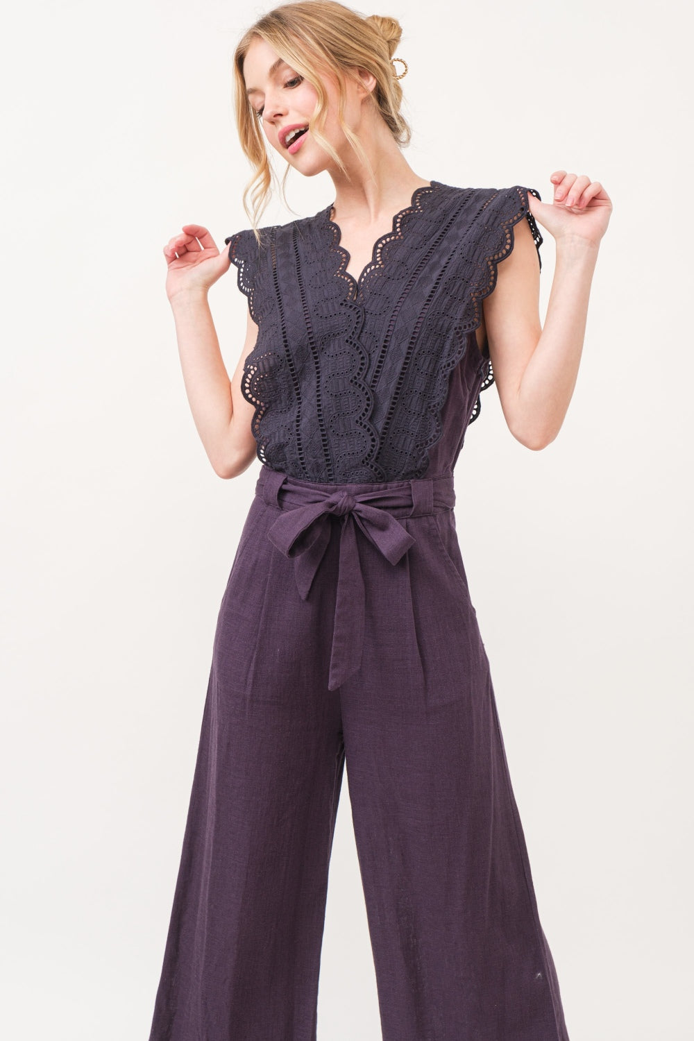 And The Why Laced Surplice Tie Waist Jumpsuit-BOTTOMS SIZES SMALL MEDIUM LARGE-[Adult]-[Female]-2022 Online Blue Zone Planet