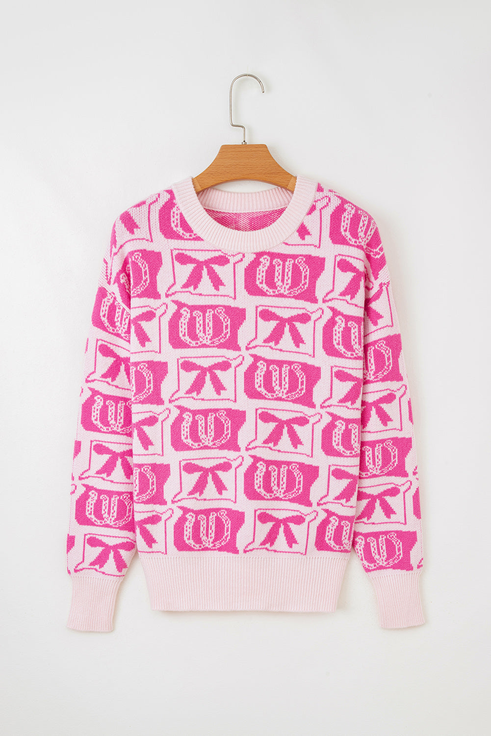 Pink Bows & Horseshoes Pattern Western Fashion Print Sweater-TOPS / DRESSES-[Adult]-[Female]-2022 Online Blue Zone Planet