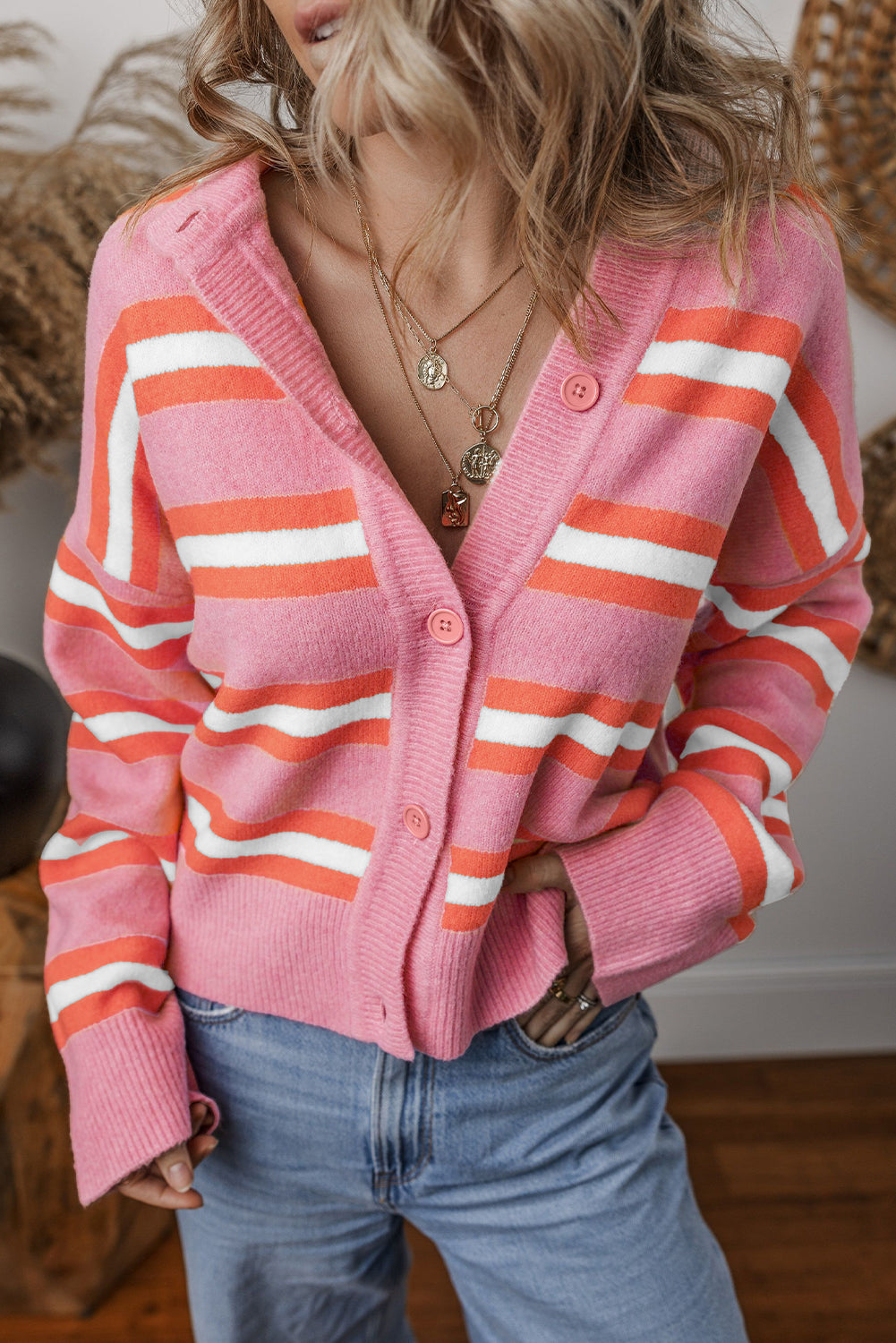 Green Stripe Drop Shoulder Buttons Cardigan Sweater-Sweaters & Cardigans/Cardigans-[Adult]-[Female]-Pink Stripe-S-2022 Online Blue Zone Planet