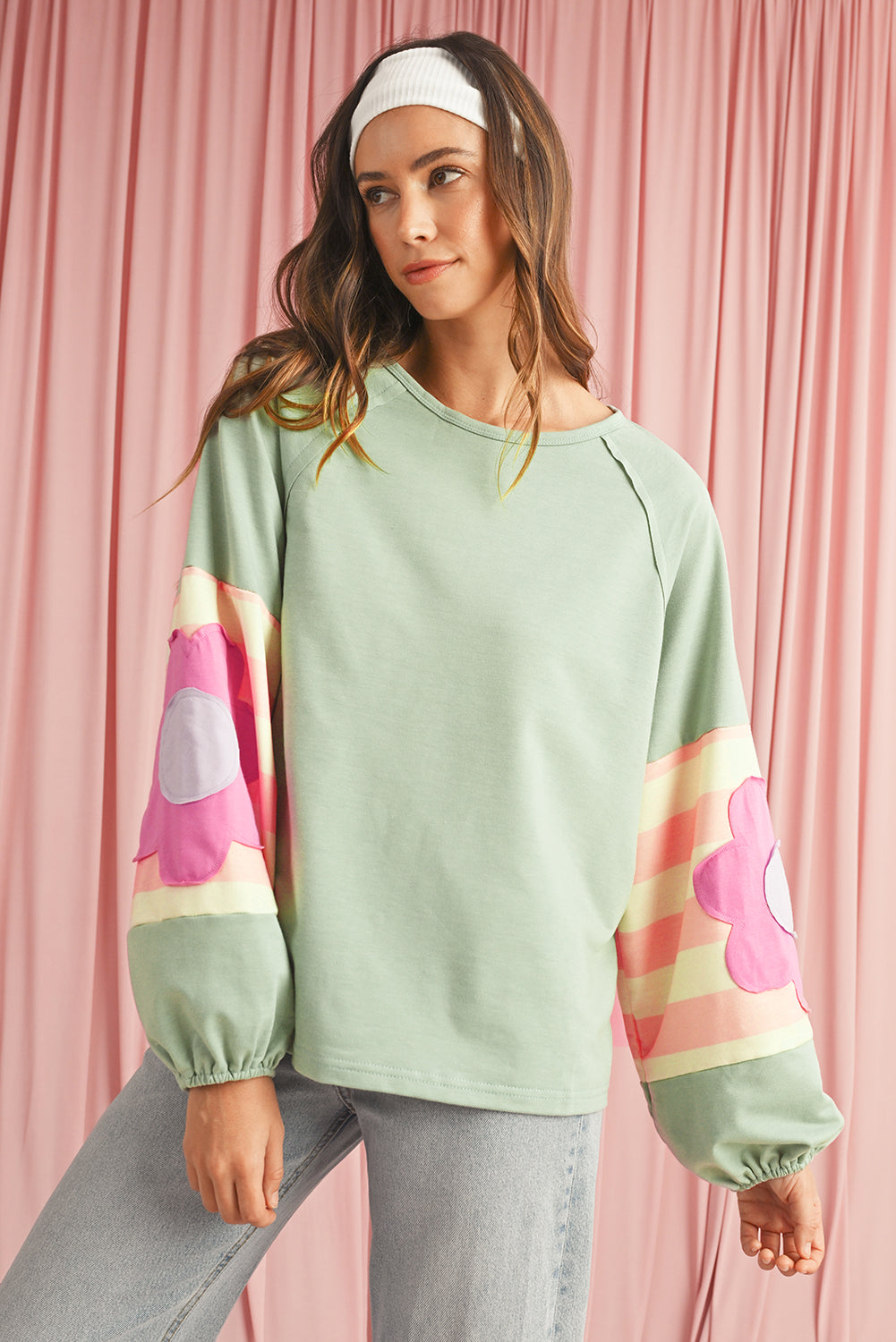 Blue Zone Planet | Smoke Green Flower Patchwork Exposed Seam Raglan Sleeve Top-Long Sleeve Tops-[Adult]-[Female]-2022 Online Blue Zone Planet