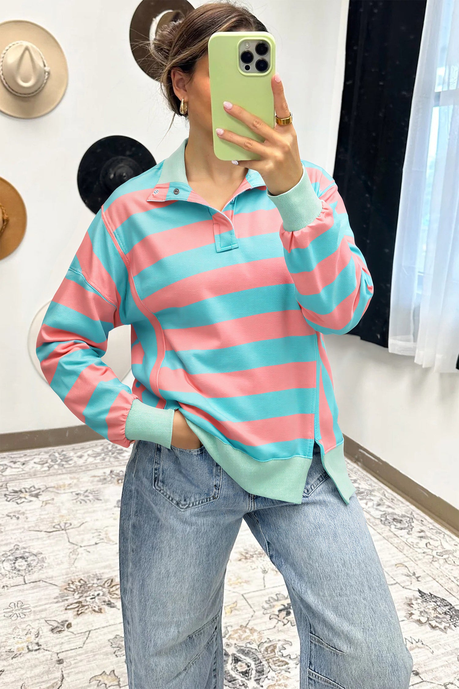 Pink Stripe Colorblock Drop Shoulder Buttoned Collar Side Slit Pullover Top-Tops/Long Sleeve Tops-[Adult]-[Female]-2022 Online Blue Zone Planet