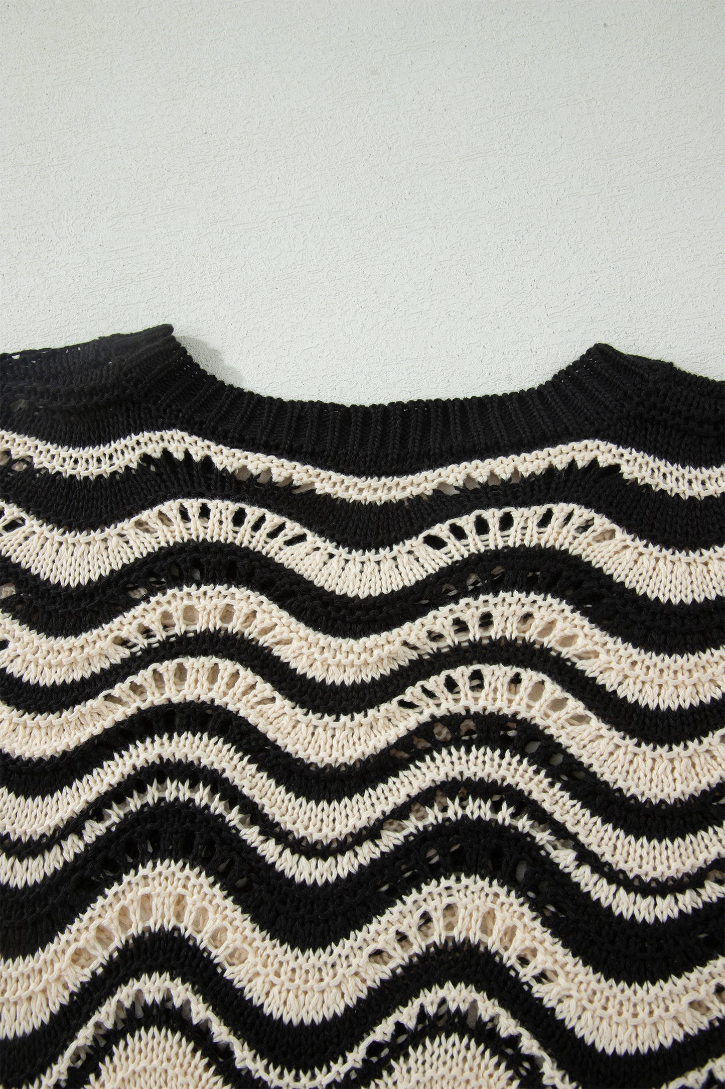 Beige Stripe Wavy Crochet Eyelet Detail Ruffle Half Sleeve Sweater-TOPS / DRESSES-[Adult]-[Female]-2022 Online Blue Zone Planet