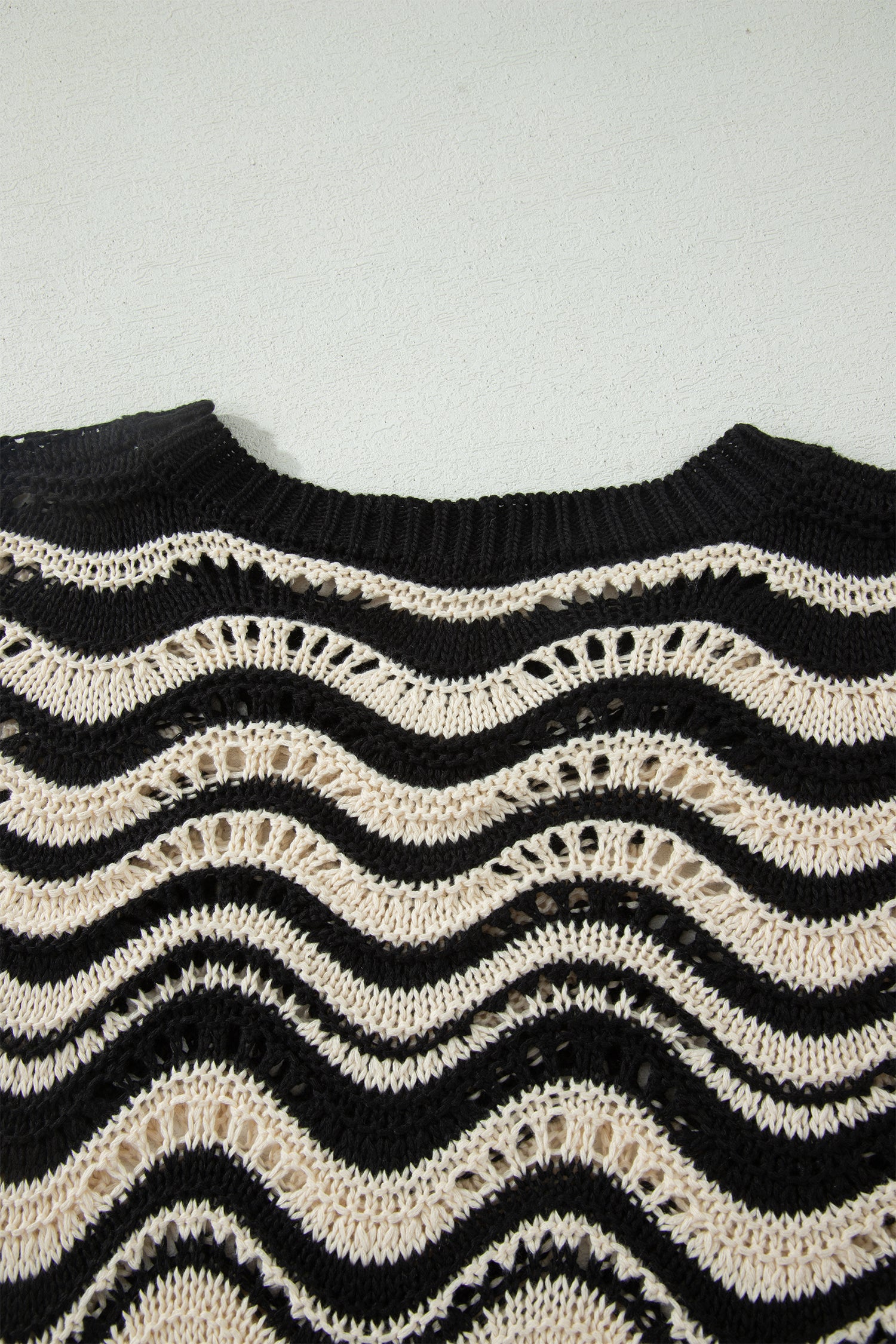 Beige Stripe Wavy Crochet Eyelet Detail Ruffle Half Sleeve Sweater-TOPS / DRESSES-[Adult]-[Female]-2022 Online Blue Zone Planet