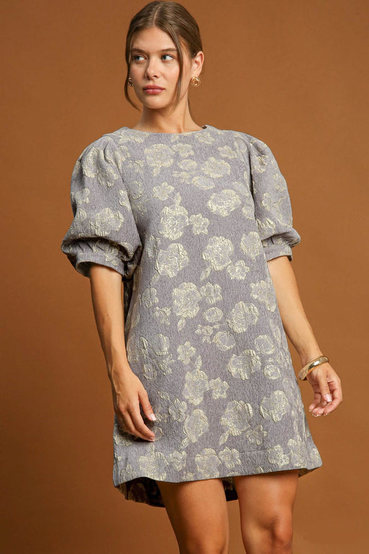 Umgee Floral Jacquard Puff Sleeve Mini Dress-TOPS / DRESSES-[Adult]-[Female]-Gray-S-2022 Online Blue Zone Planet