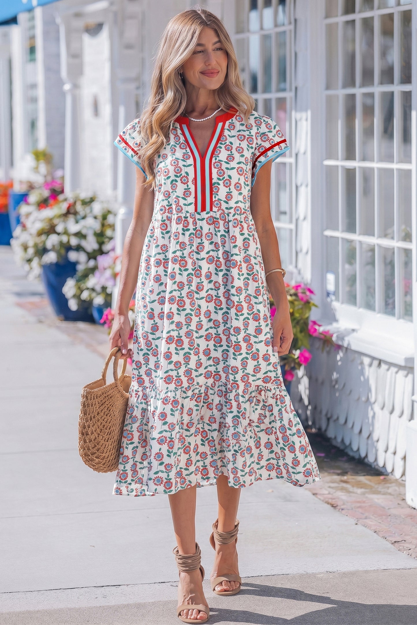 Sky Blue Cute Sunflower Printed Striped Patchwork Trim Flutter Sleeve Long Dress-Dresses/Floral Dresses-[Adult]-[Female]-Red-S-2022 Online Blue Zone Planet