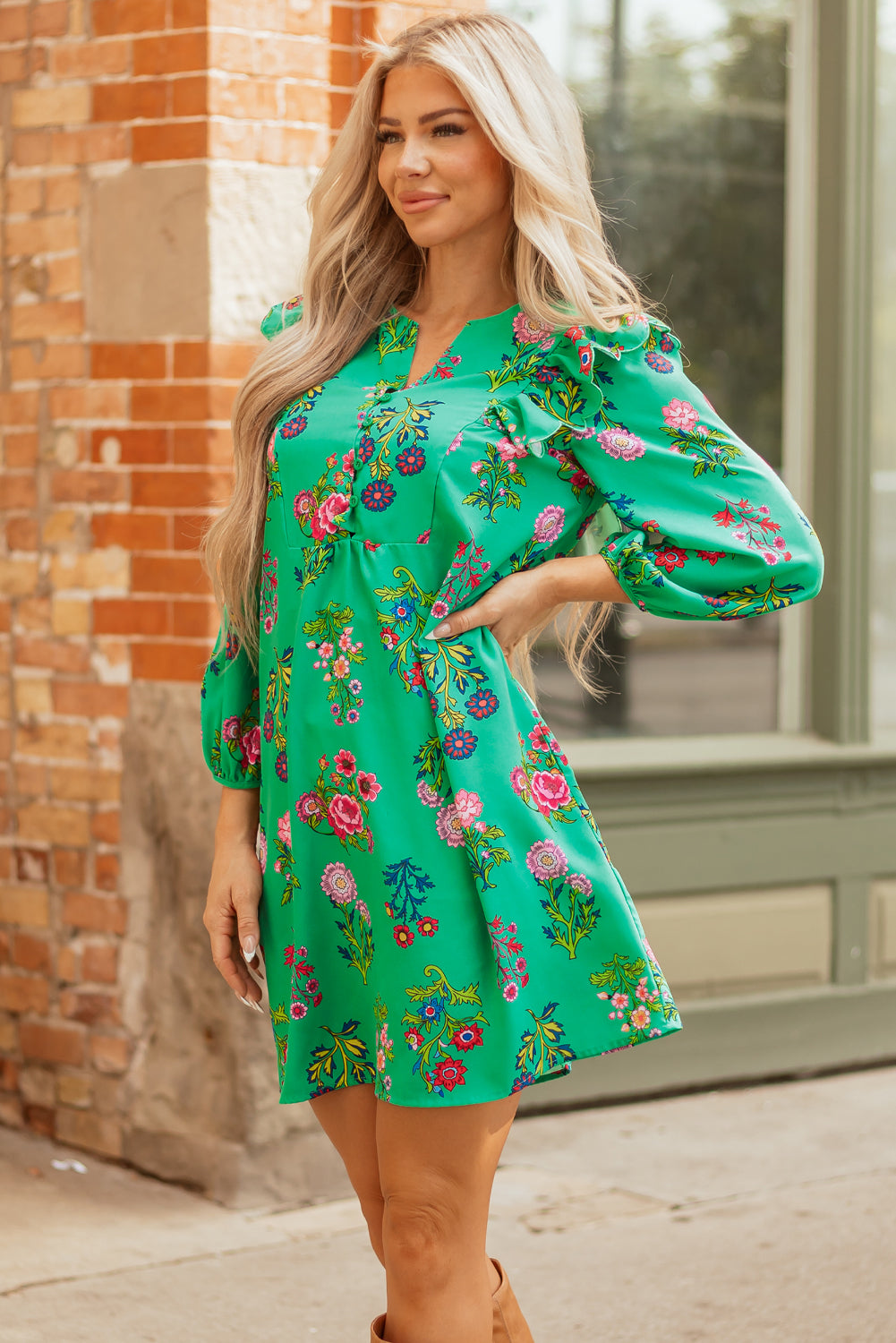 Green Floral Ruffled Three Quarter Sleeve Buttoned Mini Dress-TOPS / DRESSES-[Adult]-[Female]-2022 Online Blue Zone Planet