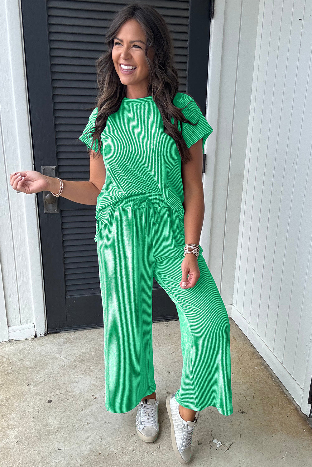 Blue Zone Planet | Bright Green Solid Corded Knit Short Sleeve T Shirt and Wide Leg Pants Set-Two Piece Sets/Pant Sets-[Adult]-[Female]-2022 Online Blue Zone Planet