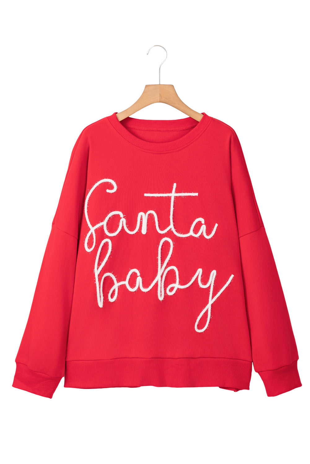 Blue Zone Planet | Fiery Red Tinsel Santa Baby Plus Size Christmas Sweatshirt-Plus Size Tops-[Adult]-[Female]-2022 Online Blue Zone Planet