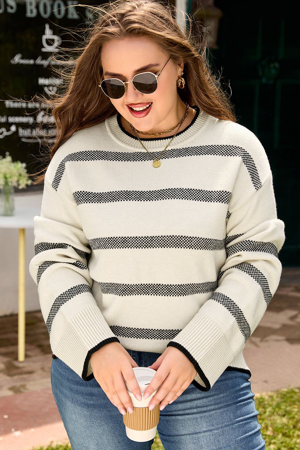 Apricot Stripe Wide Sleeve Drop Shoulder Crew Neck Plus Sweater-Sweaters & Cardigans/Sweaters-[Adult]-[Female]-2022 Online Blue Zone Planet