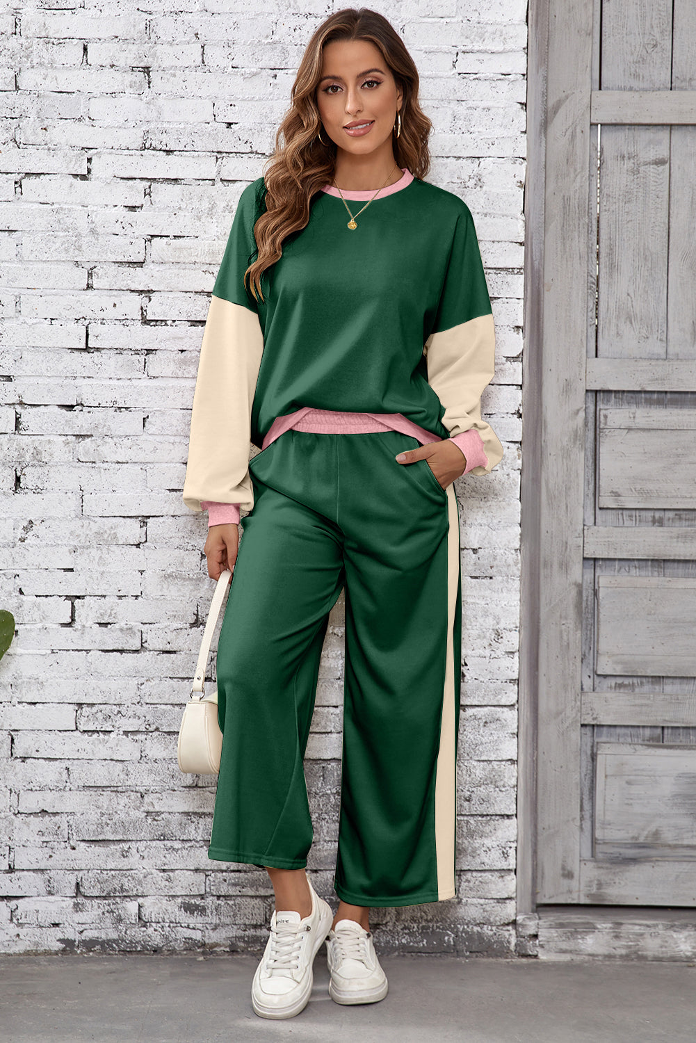 Chestnut 2pcs Color Block Pullover Loose Pant Set-Two Piece Sets/Pant Sets-[Adult]-[Female]-2022 Online Blue Zone Planet