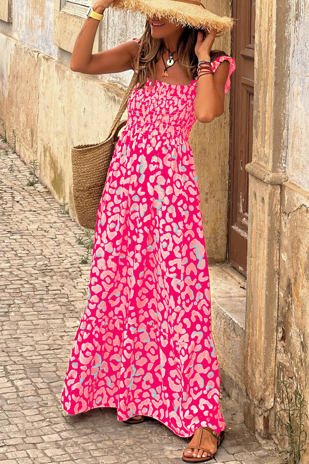 Pink Leopard Ruffle Straps Smocked High Waist Long Dress Blue Zone Planet