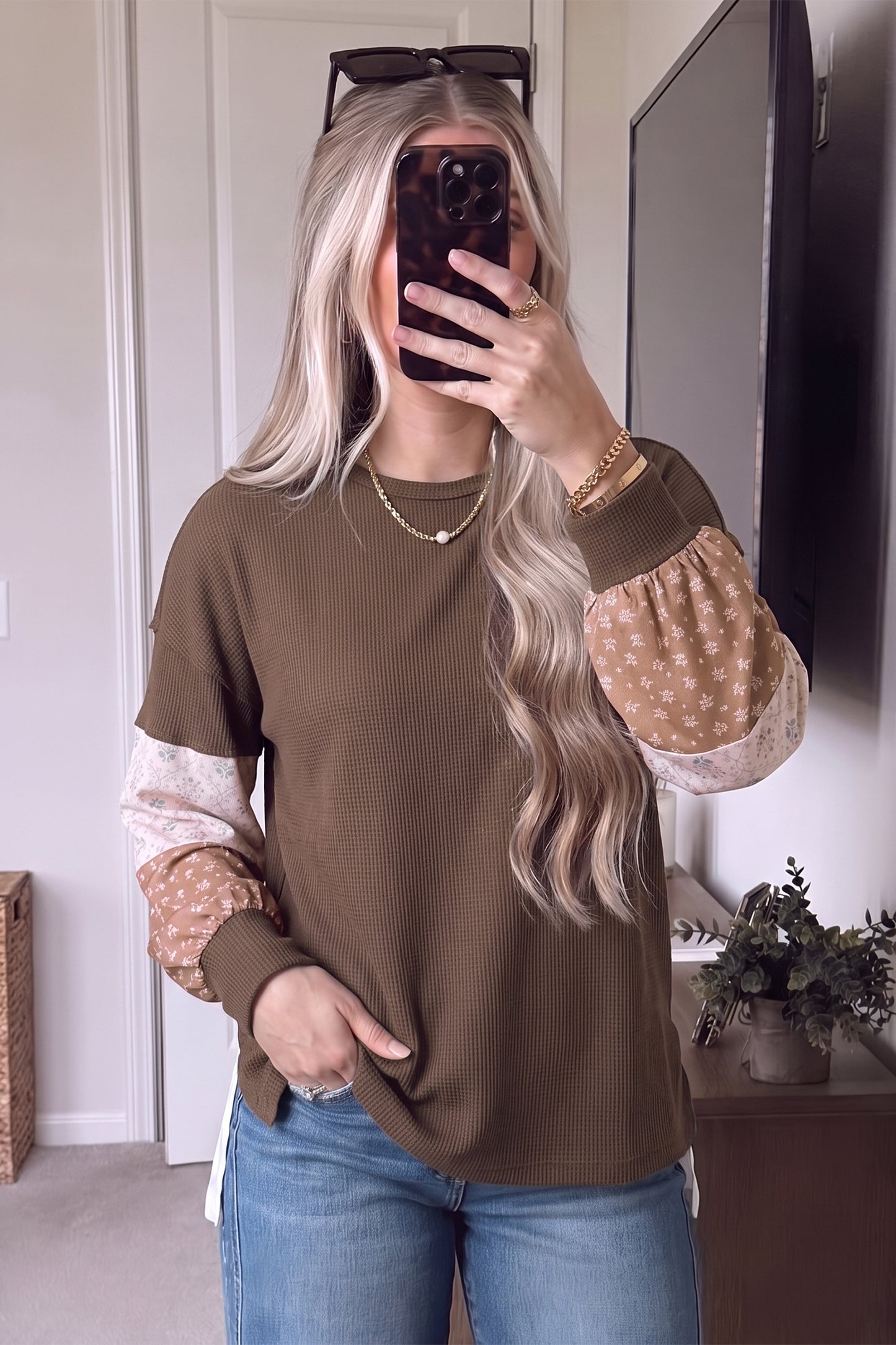 Coffee Floral Print Colorblock Long Sleeve Textured Loose Pullover Tunic Top