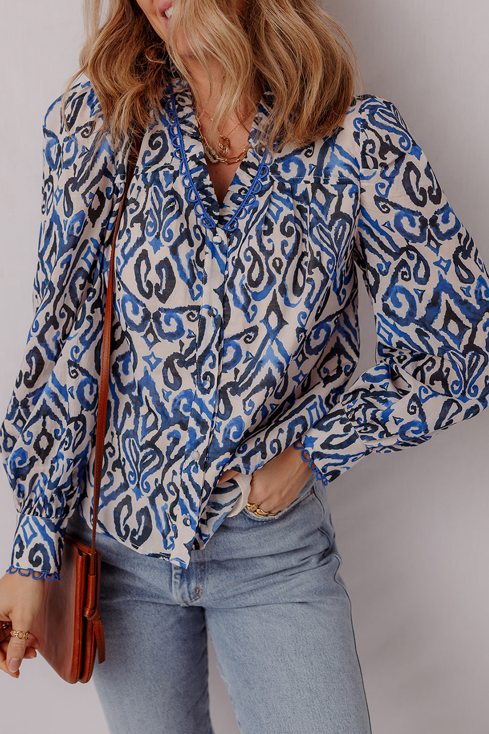 Blue Bohemian Print Embroidered V Neckline Detail Long Sleeve Shirt-Tops/Blouses & Shirts-[Adult]-[Female]-Blue-S-2022 Online Blue Zone Planet