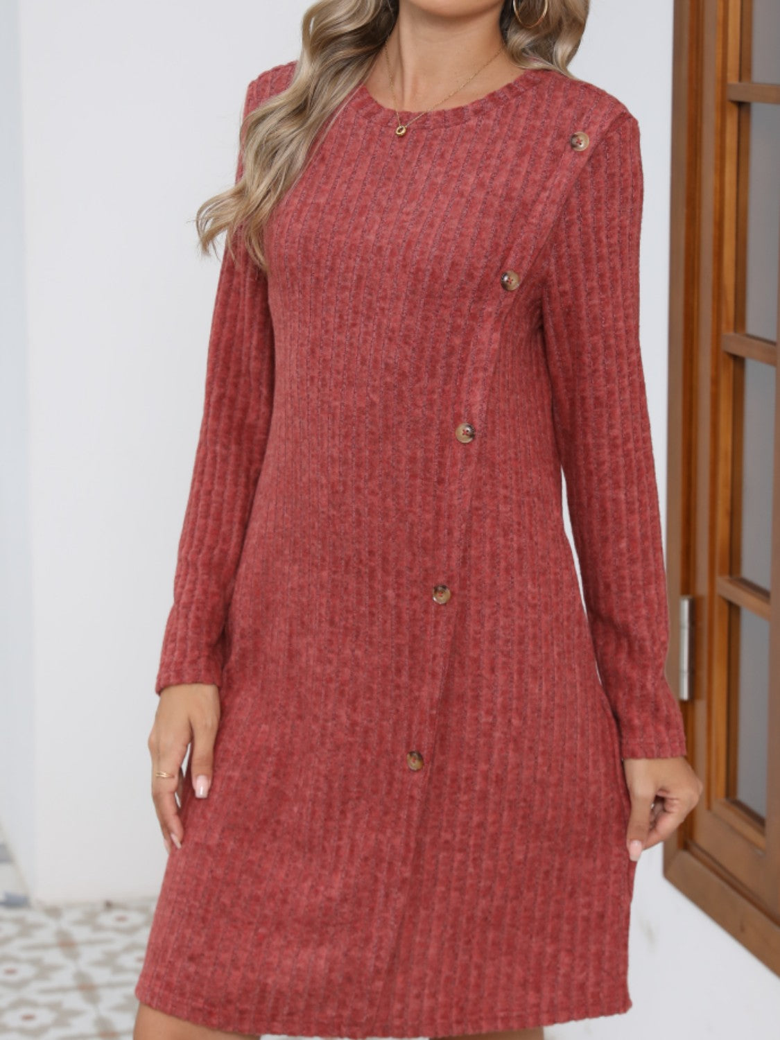 Decorative Button Round Neck Long Sleeve Dress-TOPS / DRESSES-[Adult]-[Female]-2022 Online Blue Zone Planet