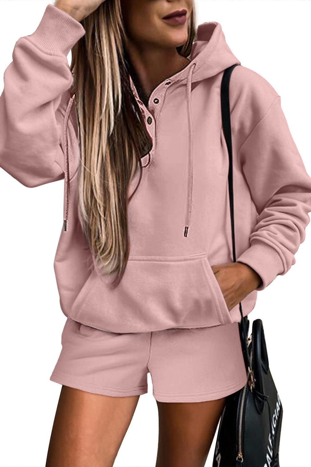 Peach Blossom Button Drawstring Hooded Pullover and Casual Short Set-Tops / Dresses-[Adult]-[Female]-2022 Online Blue Zone Planet