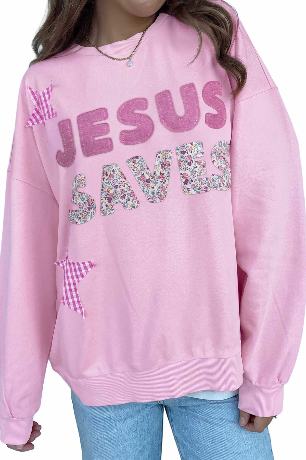 Pink Patchwork Stars Plaid Unique Floral Letters Baggy Sweatshirt-Tops/Sweatshirts & Hoodies-[Adult]-[Female]-2022 Online Blue Zone Planet