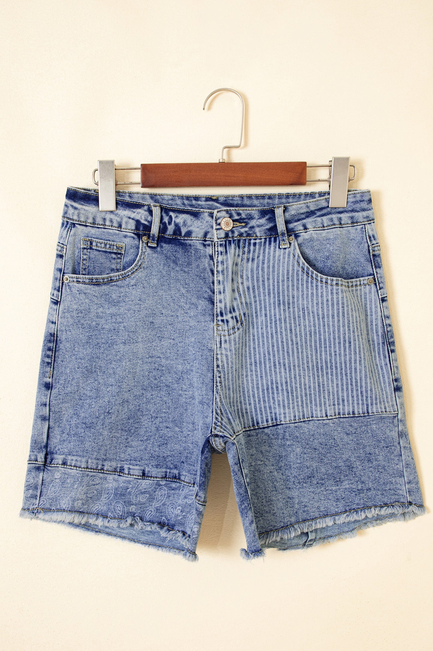 Sky Blue Striped Paisley Mixed Patchwork Raw Hem Denim Shorts-Bottoms/Denim Shorts-[Adult]-[Female]-2022 Online Blue Zone Planet
