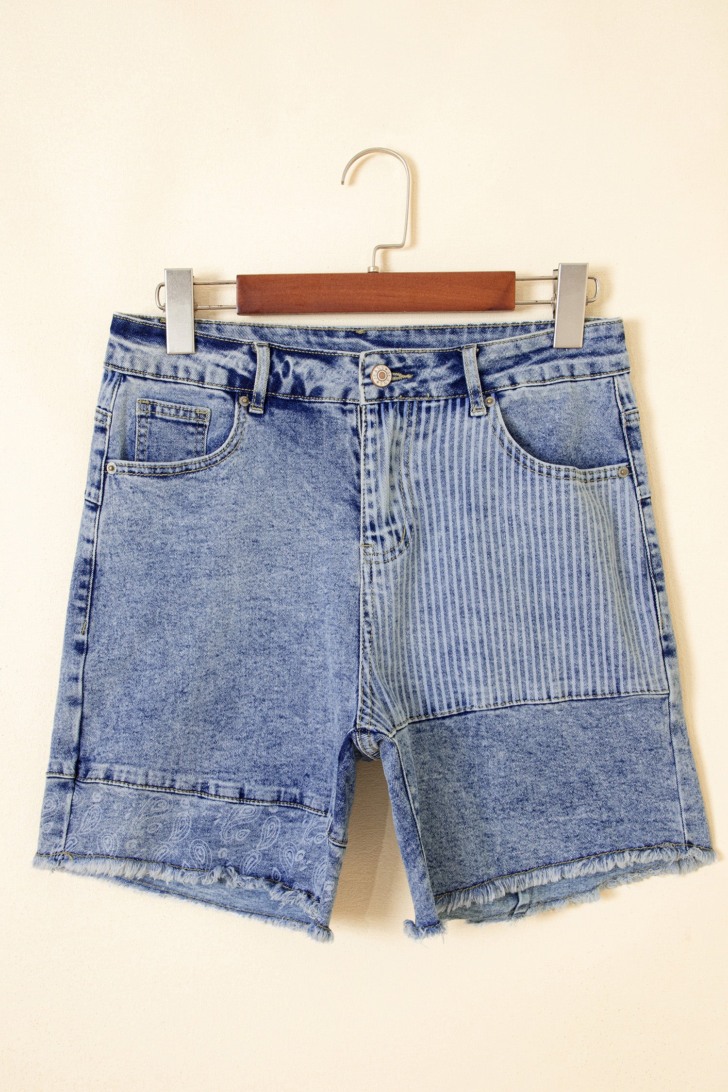 Sky Blue Striped Paisley Mixed Patchwork Raw Hem Denim Shorts-Bottoms/Denim Shorts-[Adult]-[Female]-2022 Online Blue Zone Planet
