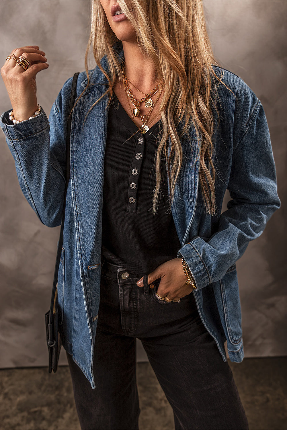 Black Side Pockets Lapel Collar Denim Jacket-Outerwear/Denim jackets-[Adult]-[Female]-2022 Online Blue Zone Planet