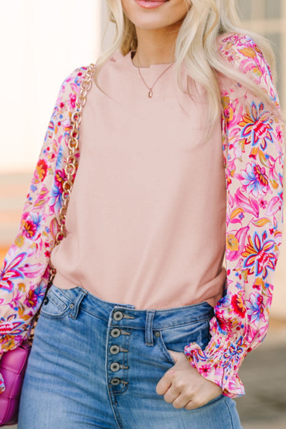 Blue Zone Planet | Printed Round Neck Flounce Sleeve Sweater-TOPS / DRESSES-[Adult]-[Female]-Blush Pink-S-2022 Online Blue Zone Planet