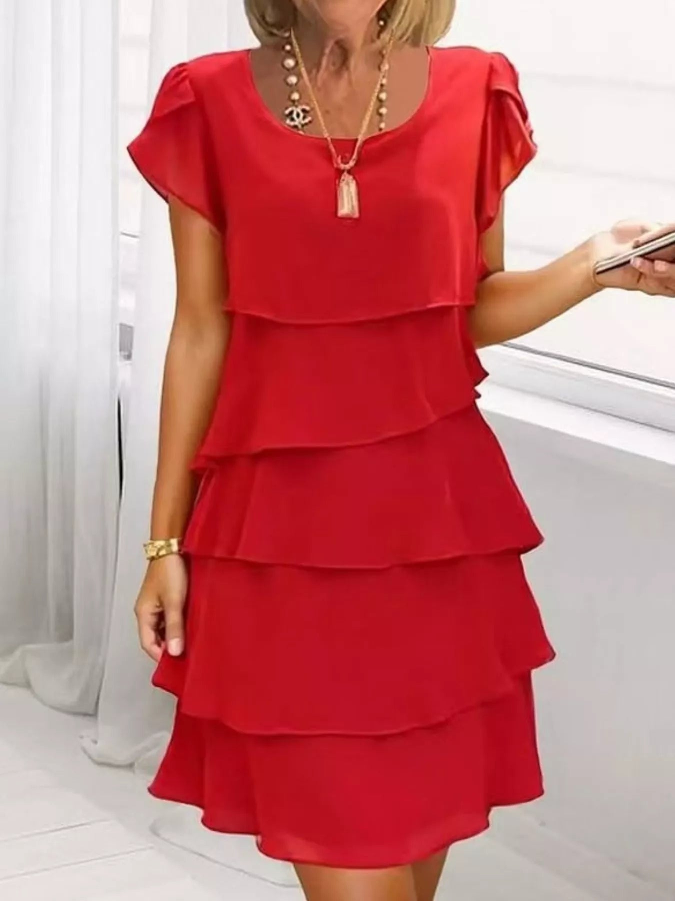 Full Size Ruffled Layered Petal Sleeve Dress Plus Size Scarlet / 2XL by Blue Zone Planet Full Size Ruffled Layered Petal Sleeve Dress Plus Size Scarlet / 2XL by Blue Zone Planet
