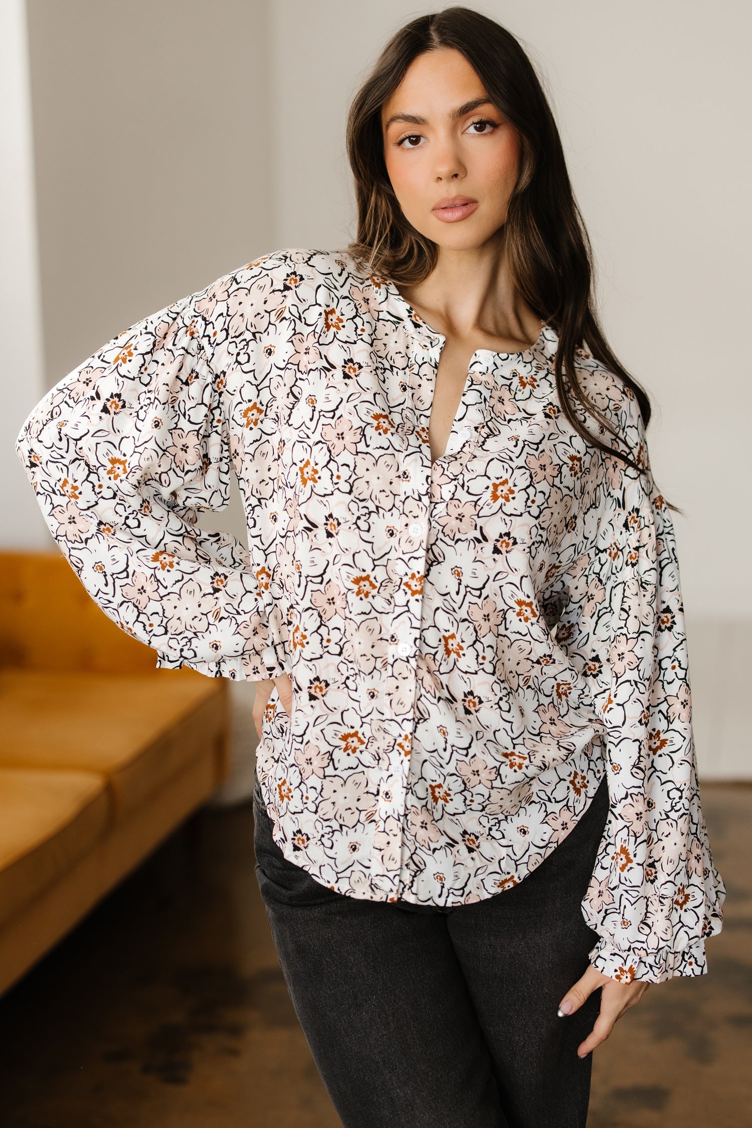 Khaki Bold Floral Print Frilled Puff Sleeve Button Down Shirt-Tops/Blouses & Shirts-[Adult]-[Female]-2022 Online Blue Zone Planet